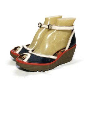 Fly London Sandals peep Toe Ankle strap black cream red